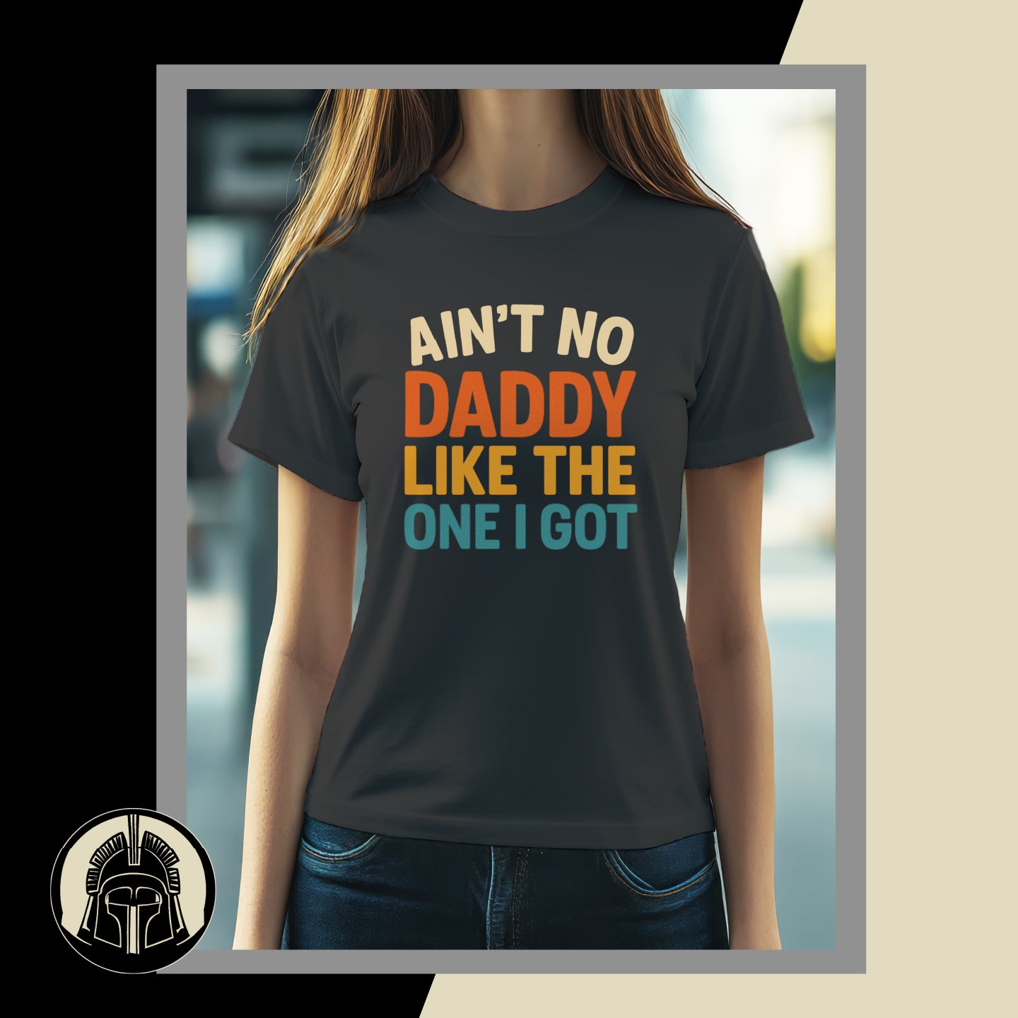 Person wearing a black t-shirt with colorful text in an urban setting