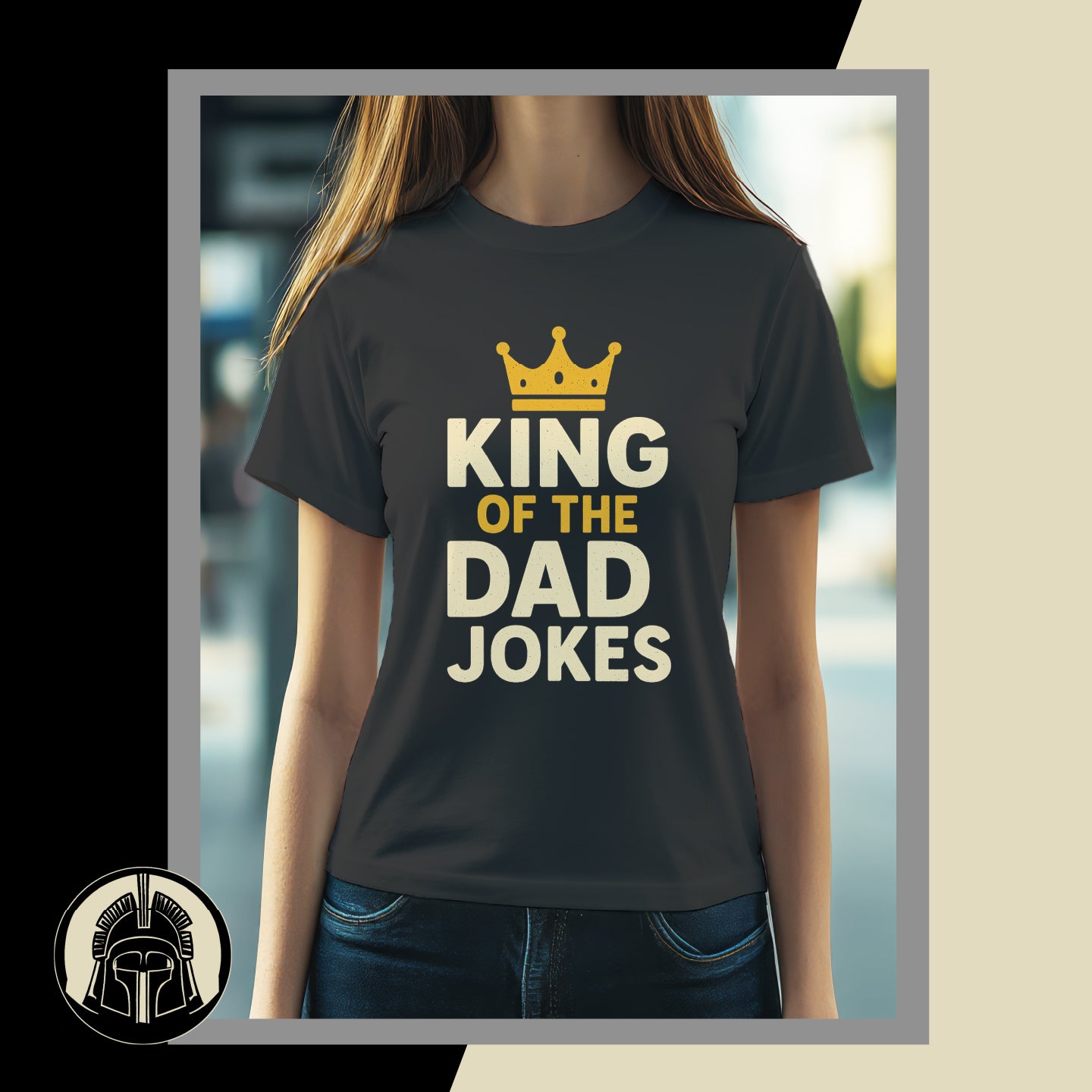Person wearing a black t-shirt with 'King of the Dad Jokes' text and crown graphic.