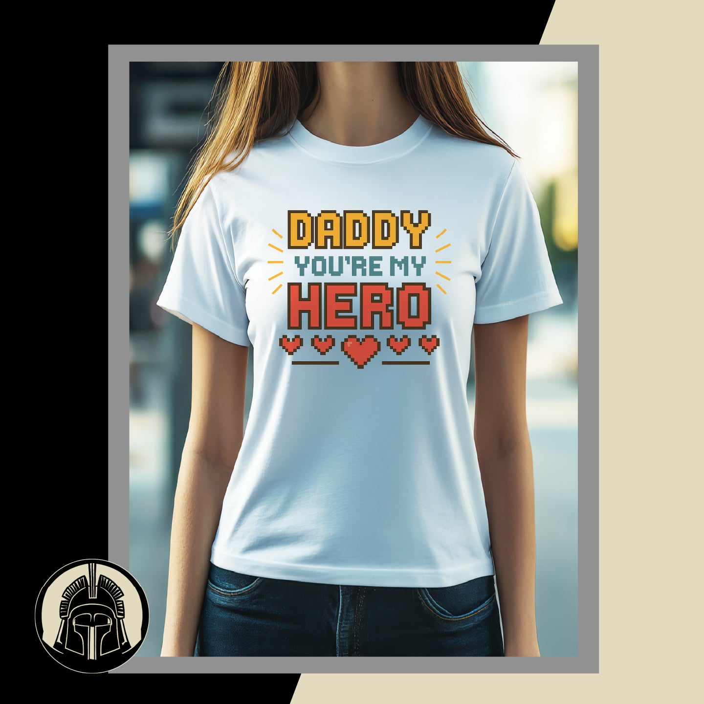 White t-shirt with 'Daddy You're My Hero' text and hearts worn by a person.