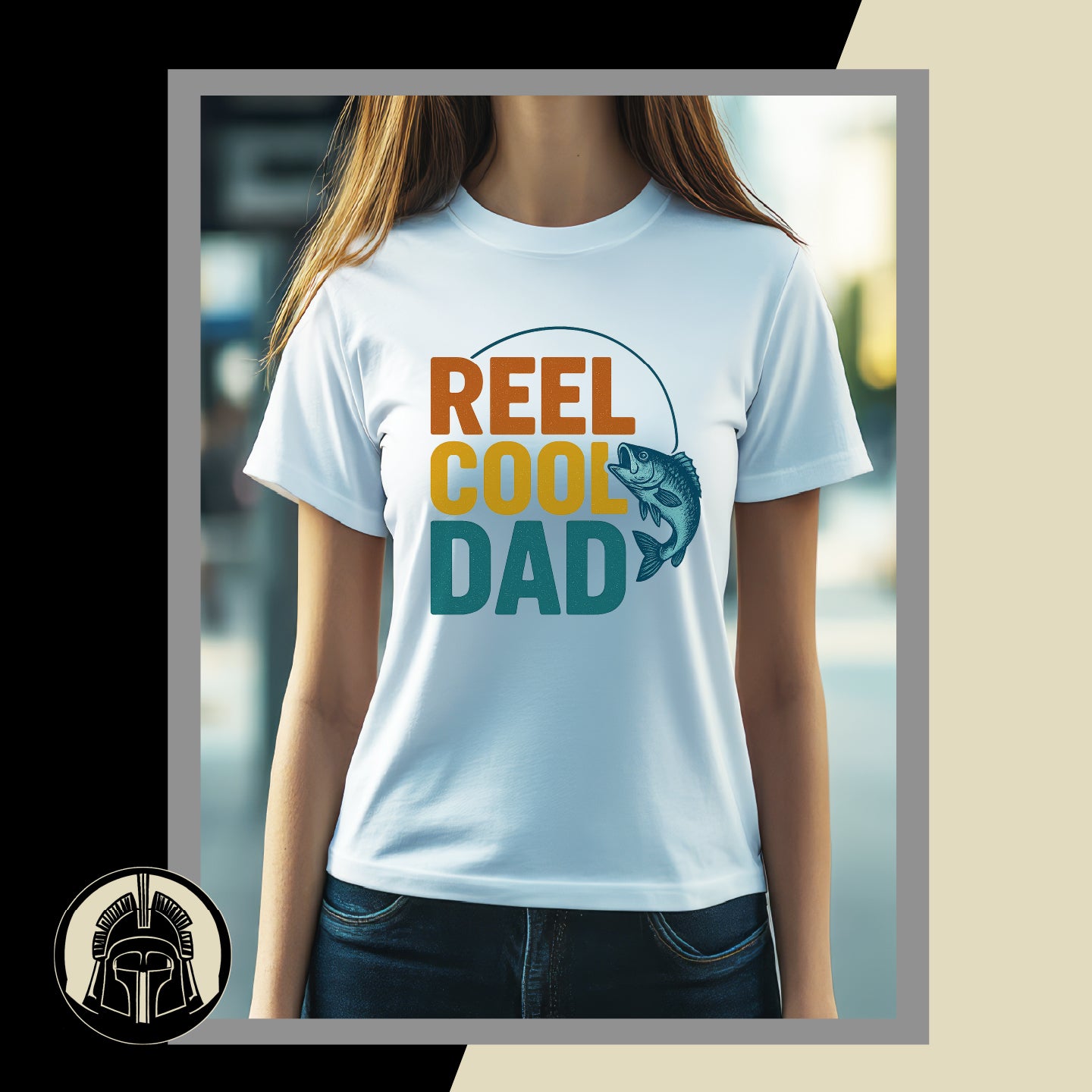 White t-shirt with 'Reel Cool Dad' text and fish graphic worn by a person.