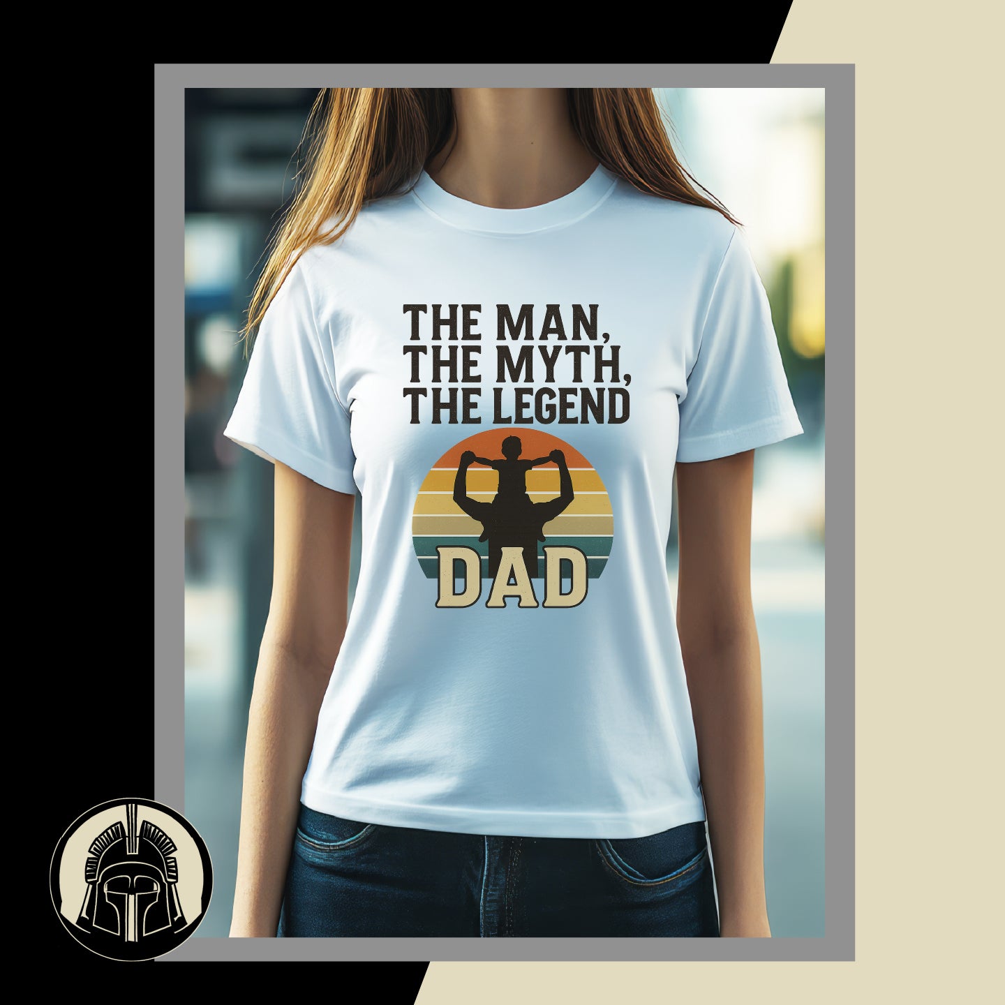 White t-shirt with 'The Man, The Myth, The Legend Dad' design on a blurred background