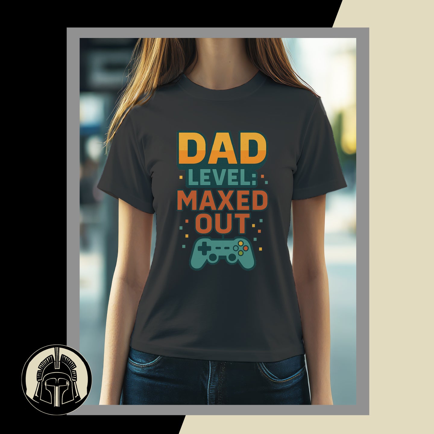 Person wearing a black t-shirt with 'Dad Level Maxed Out' text and game controller graphic.