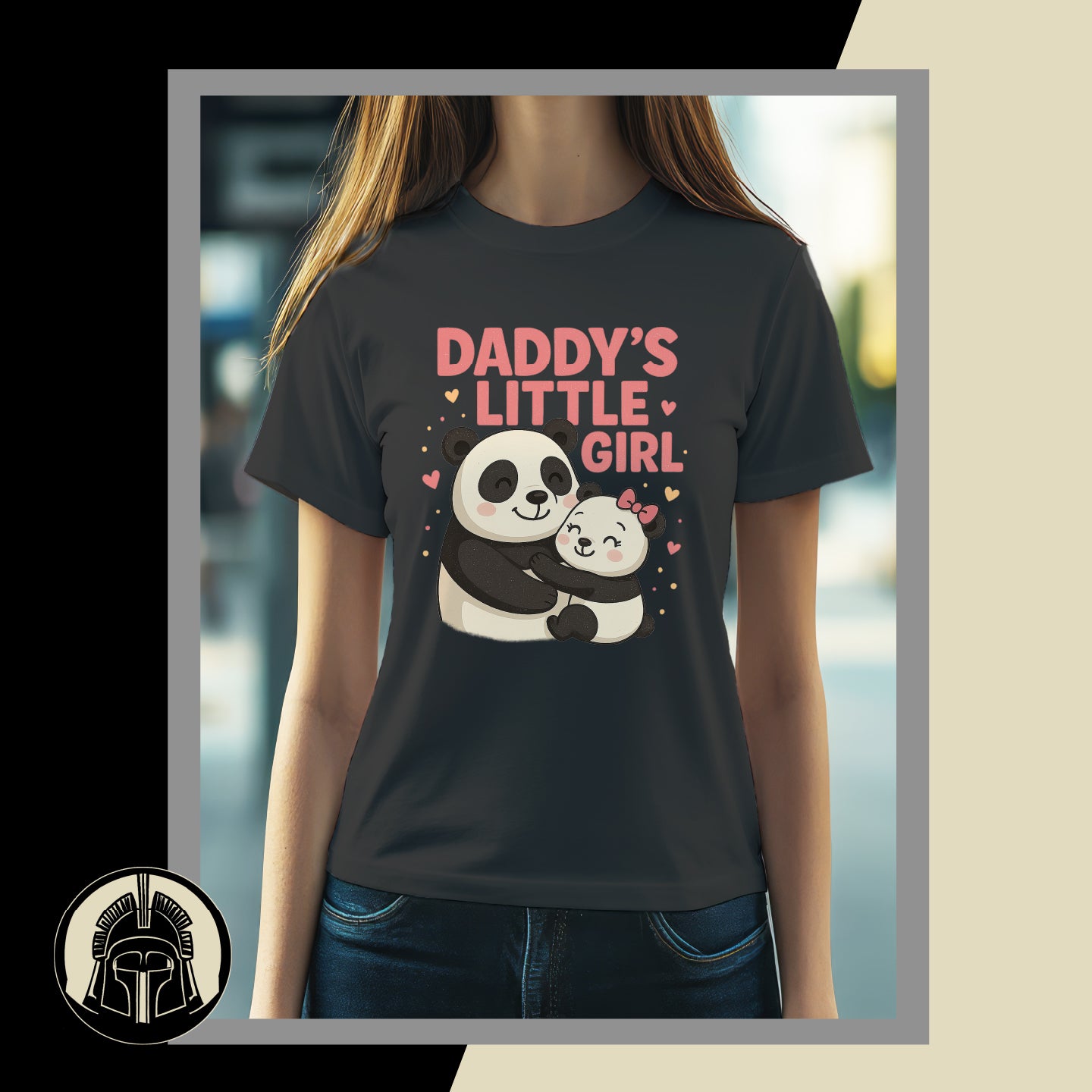 Person wearing a black t-shirt with panda graphics and 'Daddy's Little Girl' text.