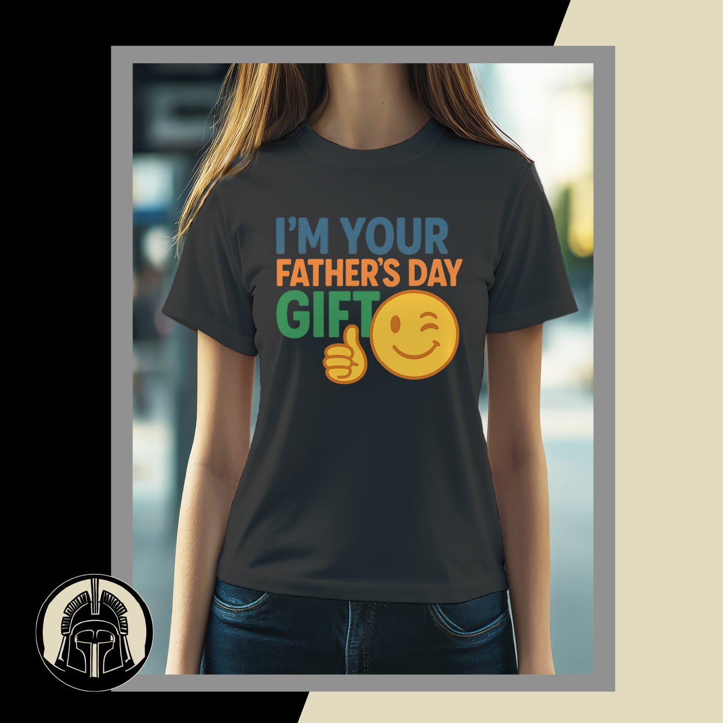 Person wearing a black t-shirt with 'I'm your Father's Day gift' text and emoji.