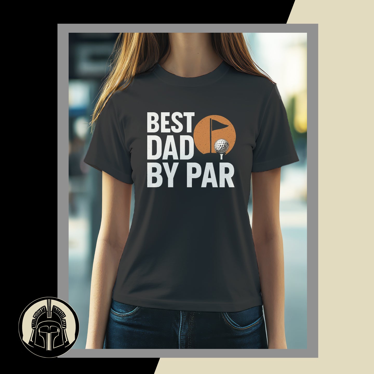 Person wearing a black t-shirt with 'Best Dad by Par' text and graphic, standing against a blurred outdoor background.