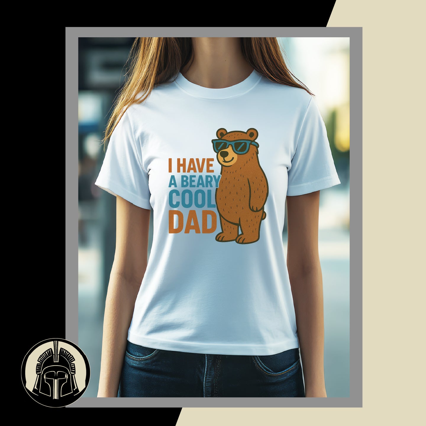 Person wearing a white t-shirt with a bear graphic and text, standing outdoors.