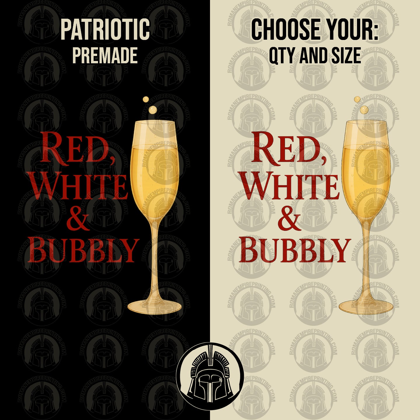 Promotional graphic for 'Red, White & Bubbly' with champagne glass design on a black and beige background.