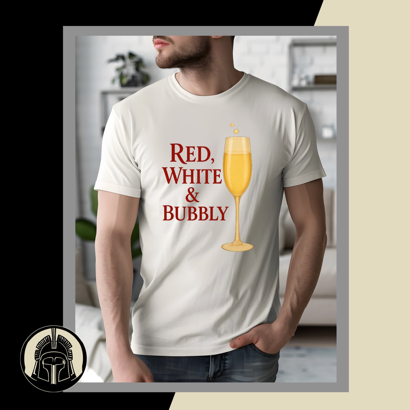 Person wearing a white t-shirt with a graphic of a champagne glass and text 'Red, White & Bubbly' in a casual setting.
