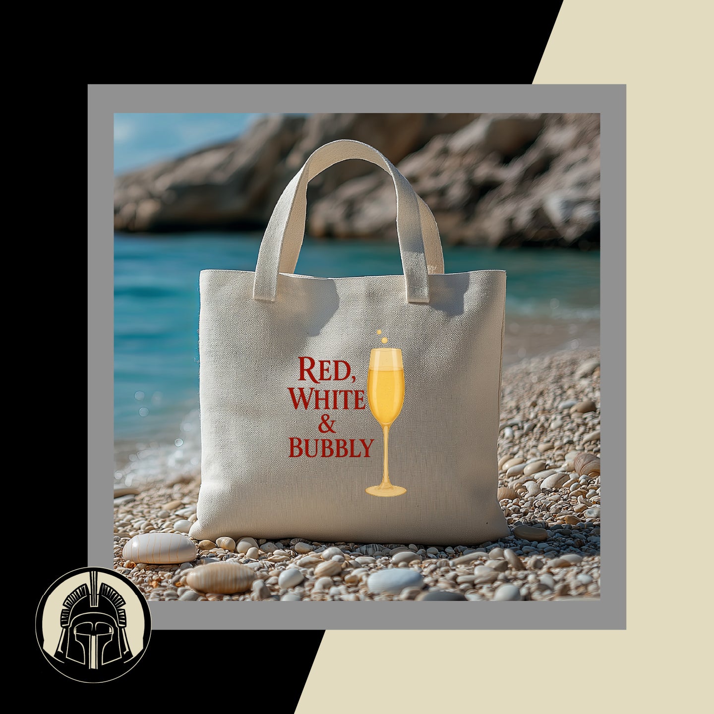 Beige tote bag with 'Red, White & Bubbly' text and champagne glass graphic on a beach.