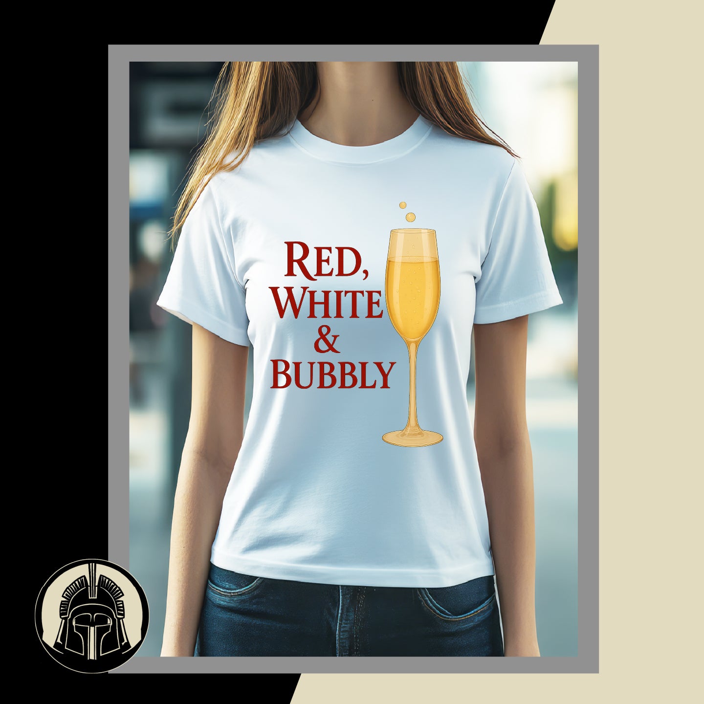 Person wearing a white t-shirt with 'Red, White & Bubbly' text and a champagne glass graphic.