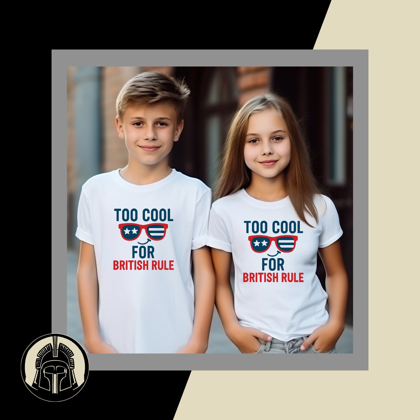 Two children wearing white t-shirts with a patriotic design.
