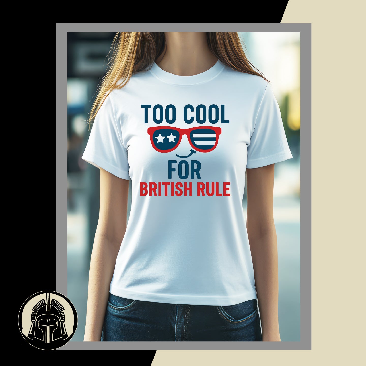 Person wearing a white t-shirt with a patriotic design and text.