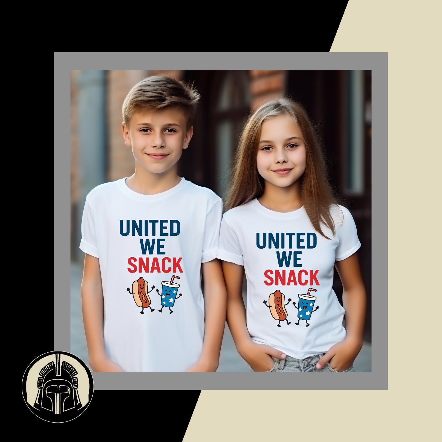 Two children wearing t-shirts with 'United We Snack' text and graphics.