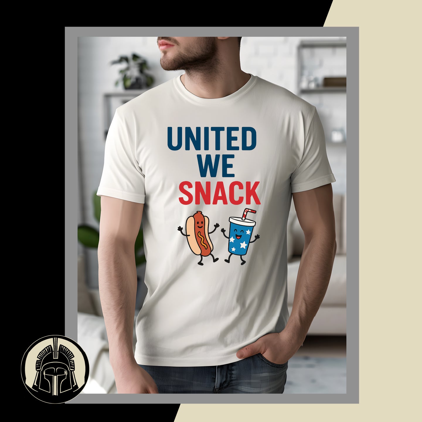 Person wearing a t-shirt with 'United We Snack' text and graphics.