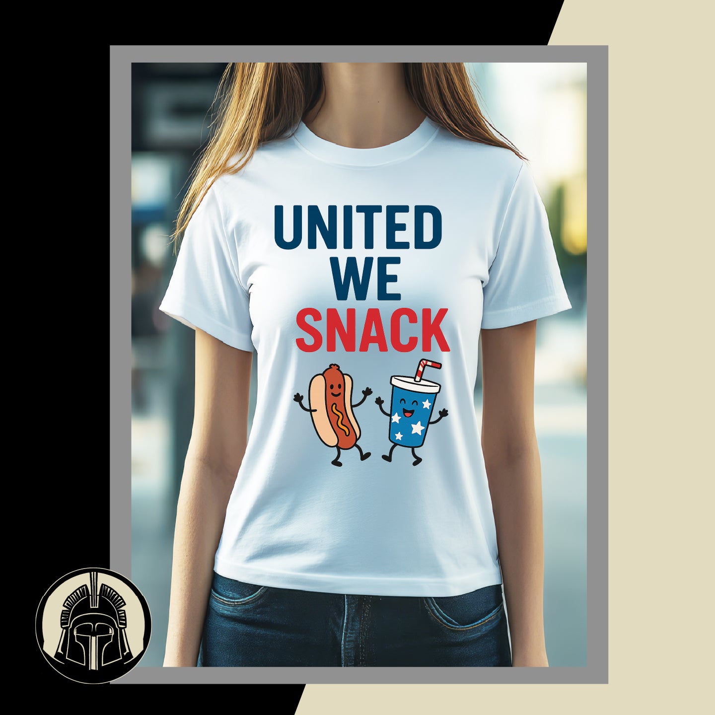 Person wearing a white t-shirt with 'UNITED WE SNACK' text and graphics.