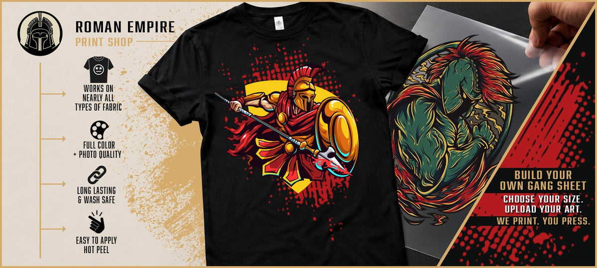 Upload a print-ready DTF gang sheet - Roman Empire Print Shop hero banner