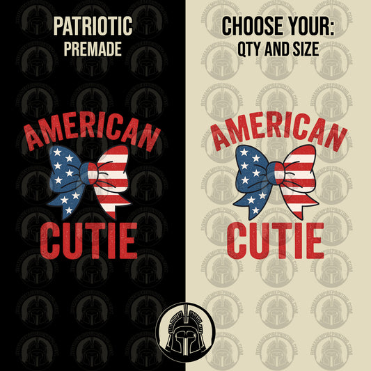 Two designs of 'American Cutie' with a bow tie on a black and beige background.