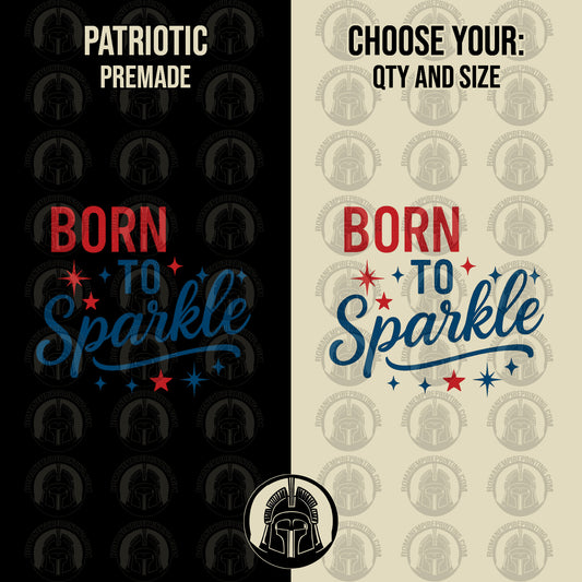 Two designs of 'Born to Sparkle' text with stars on a black and beige background, featuring a Spartan helmet logo.