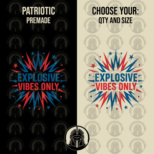 Two designs with 'Explosive Vibes Only' text, one on a black background and one on a beige background with a pattern.