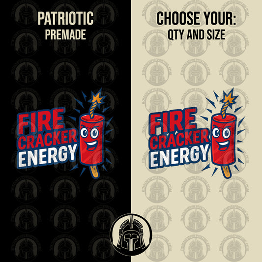 Firecracker-themed design with 'Fire Cracker Energy' text on a black and beige background.