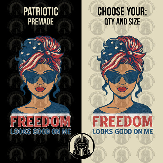 Two versions of a design featuring a woman with an American flag headscarf and sunglasses, with 'Patriotic Premade' and 'Choose Your: QTY AND SIZE' text.