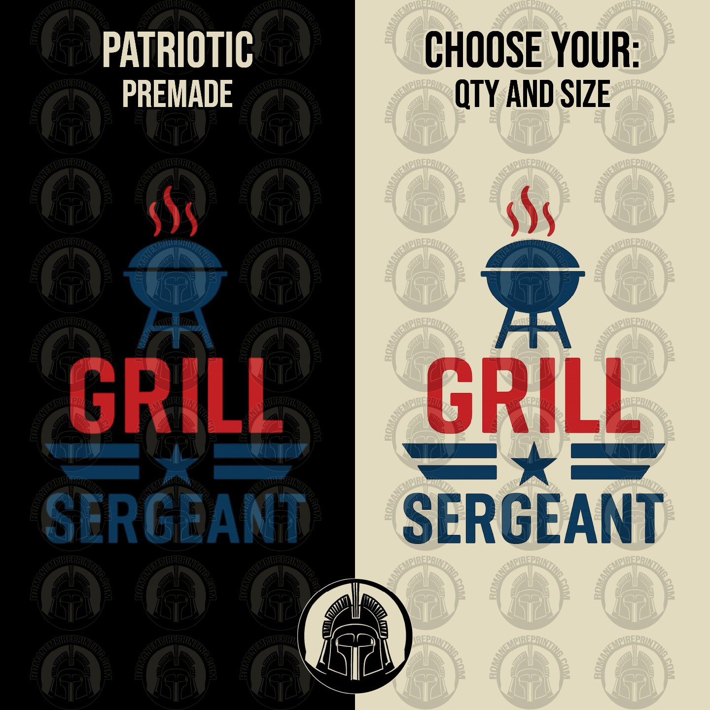 Two versions of 'Grill Sergeant' logo with patriotic design on black and beige backgrounds.