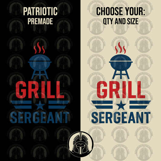 Two versions of 'Grill Sergeant' logo with patriotic design on black and beige backgrounds.