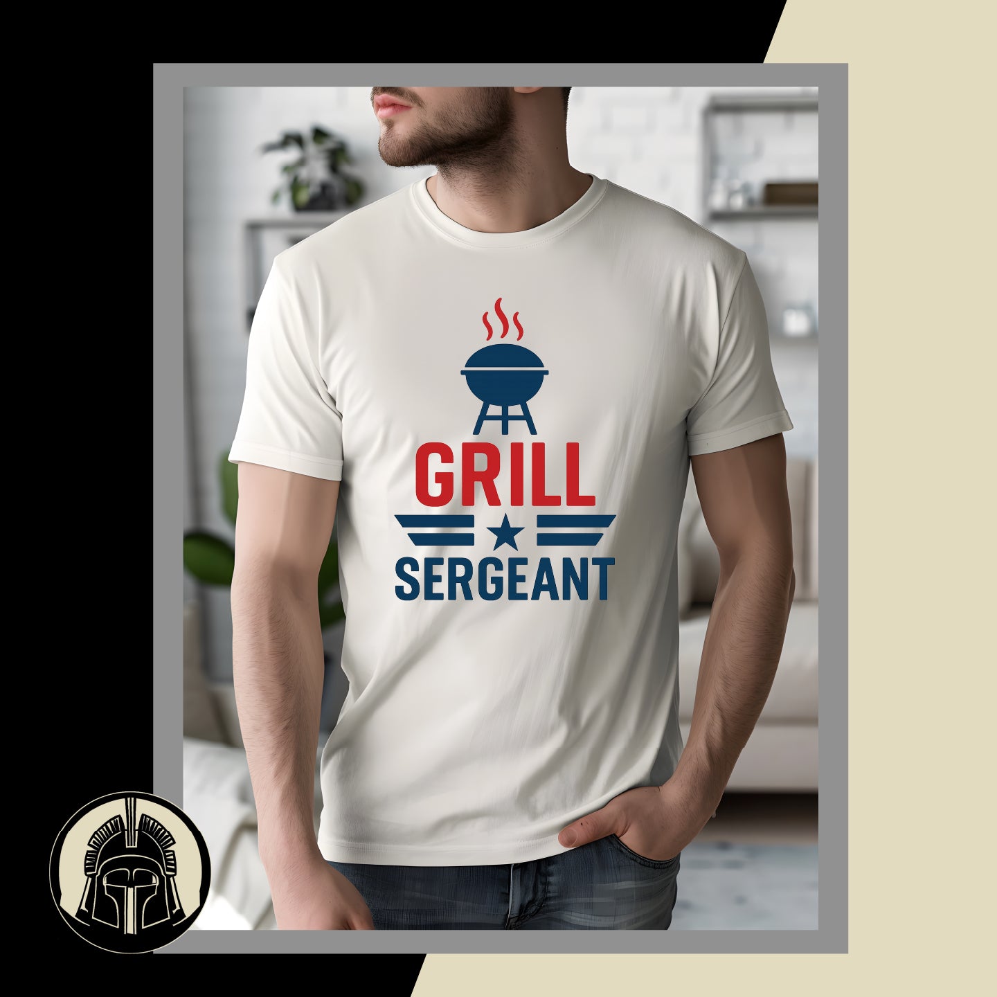 Person wearing a white t-shirt with 'Grill Sergeant' graphic design.