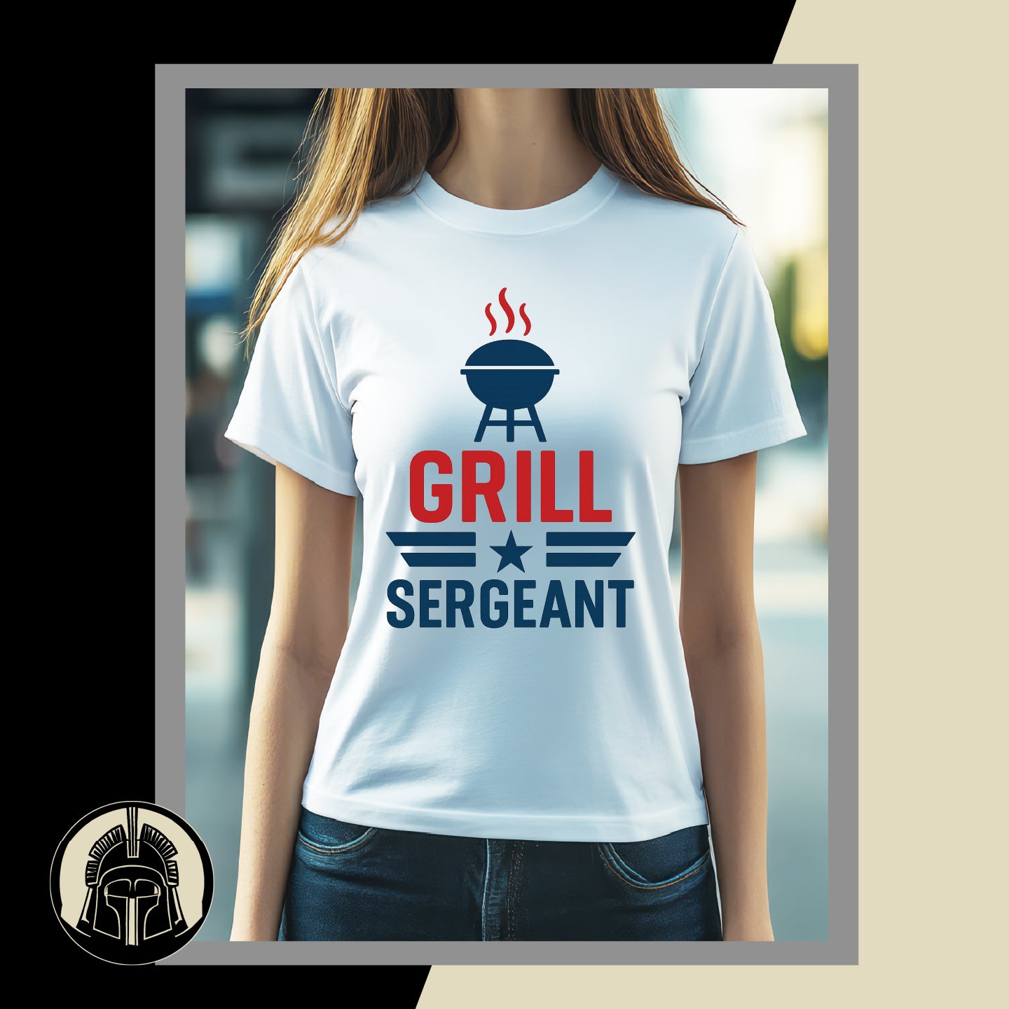 Person wearing a white t-shirt with 'GRILL SERGEANT' design.