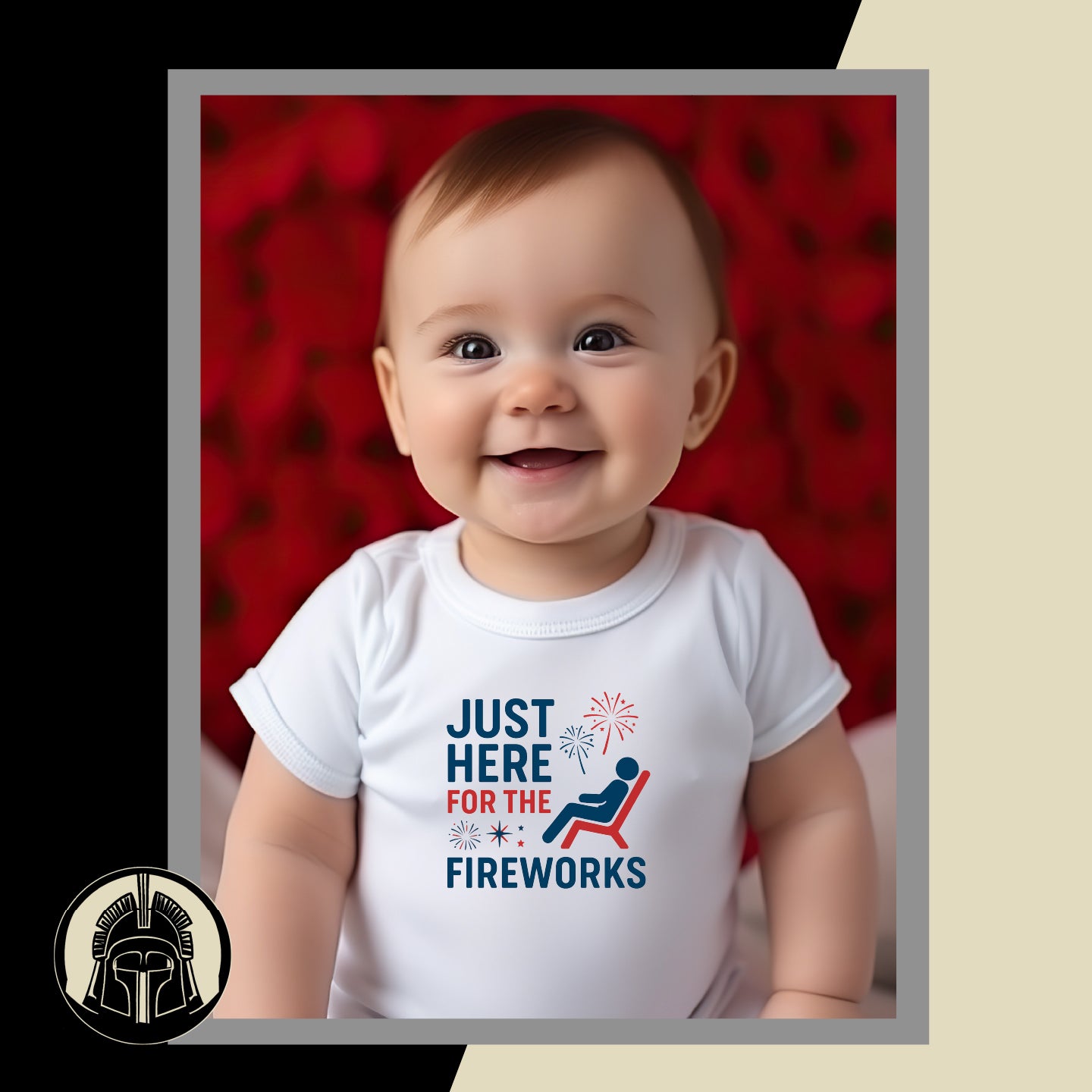 Baby wearing a white onesie with 'Just Here for the Fireworks' text and graphic, sitting against a red background.