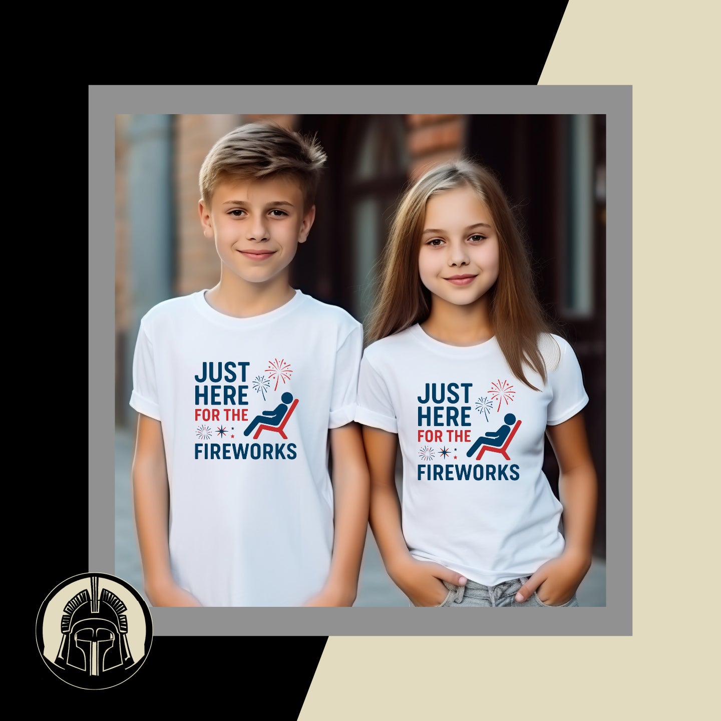 Two children wearing 'Just Here for the Fireworks' t-shirts with a graphic of a person sitting on a recliner chair.