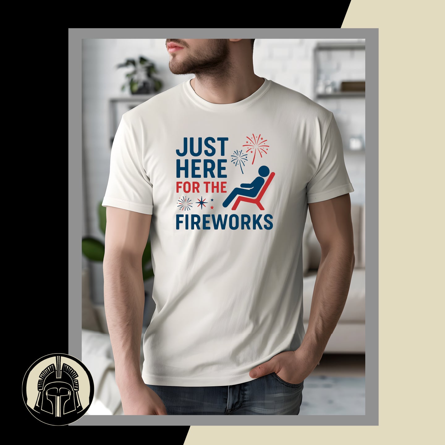 Person wearing a white t-shirt with a fireworks-themed design in a casual setting.