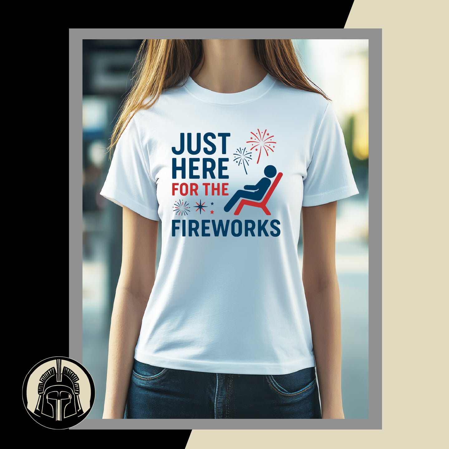 Person wearing a white t-shirt with 'Just Here for the Fireworks' text and graphics.