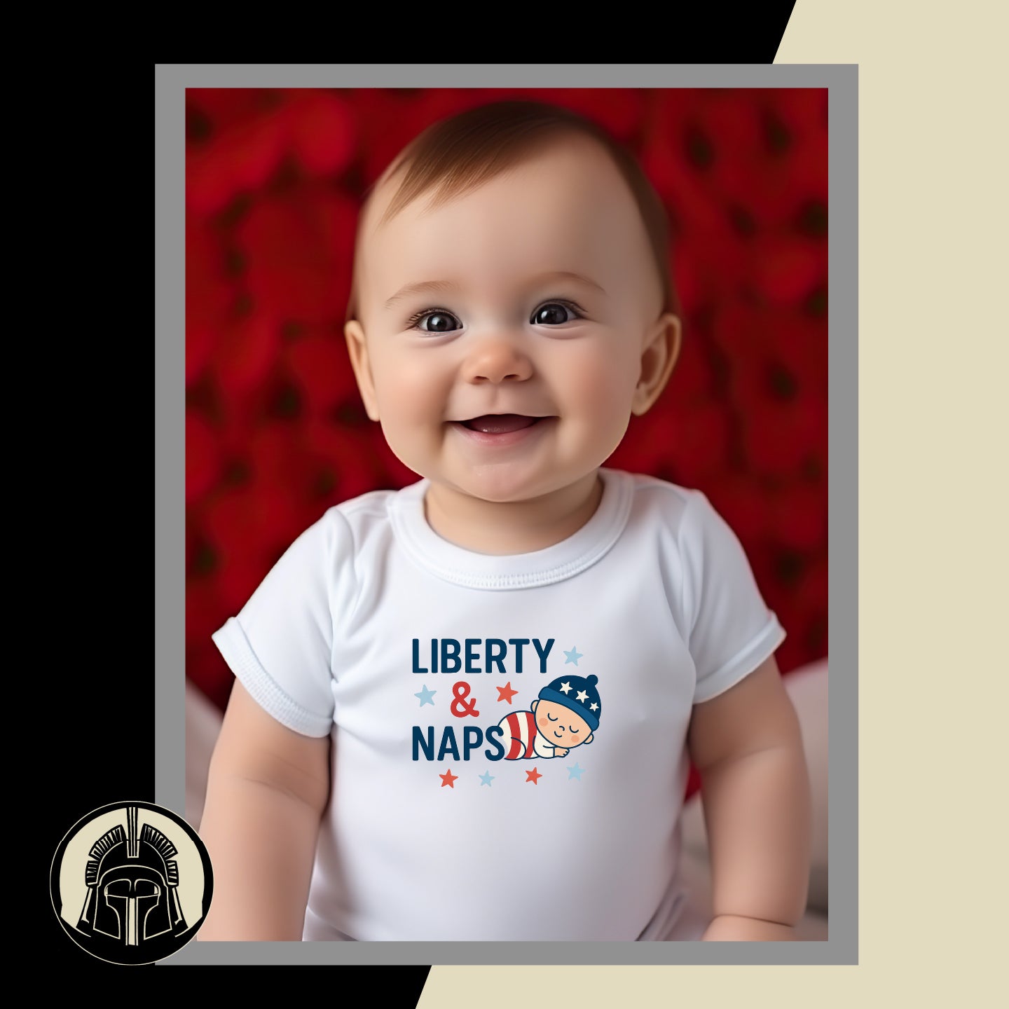 Baby wearing a white onesie with 'Liberty & Naps' text and graphic, sitting against a red background.