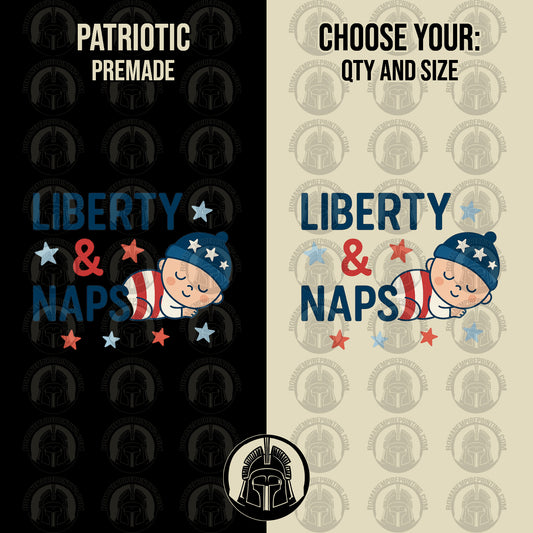 Two designs featuring a baby in a flag outfit with 'Liberty & Naps' text on a black and beige background.