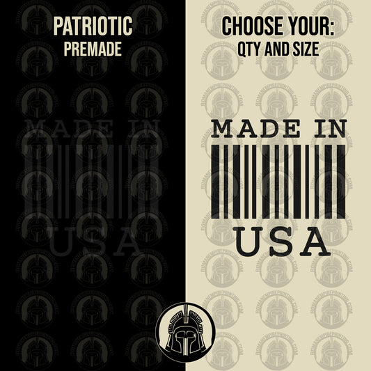  'Made in USA' text and barcode design against a black and beige background.