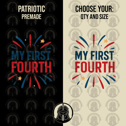 Two designs of 'My First Fourth' with fireworks on a black and beige background, featuring a Spartan helmet logo.
