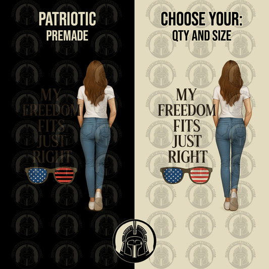 Two views of a person wearing a white t-shirt and blue jeans with text and sunglasses graphics.