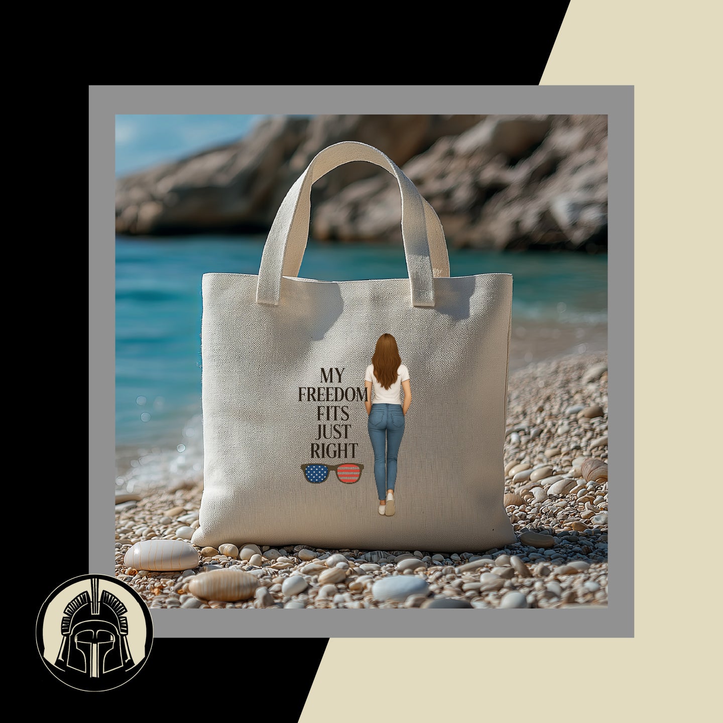 Beige tote bag with a graphic of a woman and text on a pebbly beach.