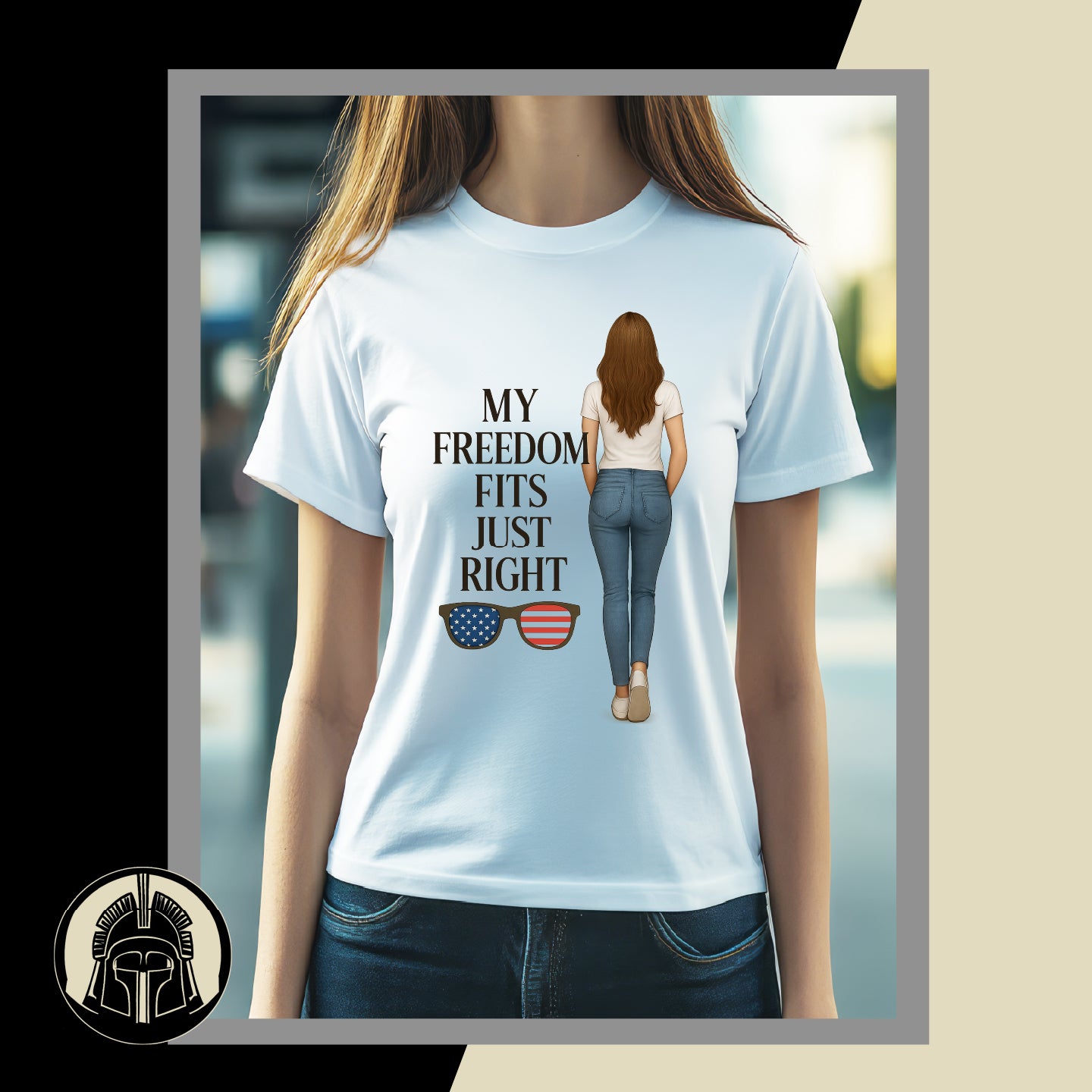 White t-shirt with a graphic design and text, worn by a person.