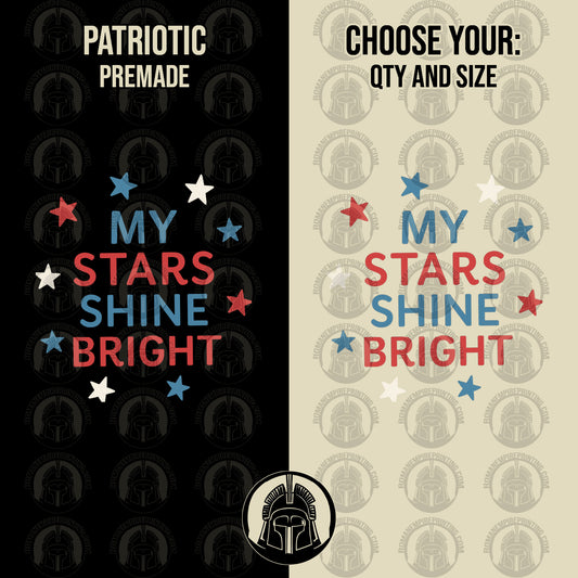 Two versions of a vinyl cutout design with stars and text, one on black and one on beige with a pattern.