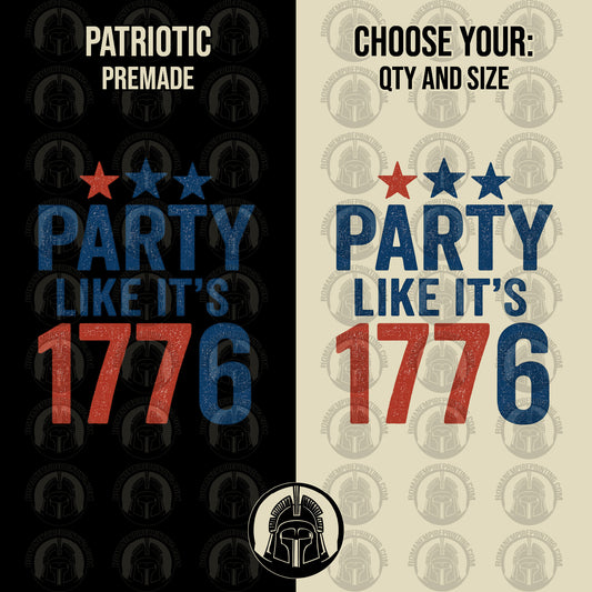 Two versions of a graphic with 'PARTY LIKE IT'S 1776' text, one on black and one on beige with star patterns.