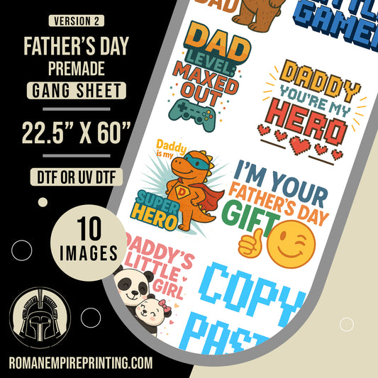 Father's Day-themed printed sheet with various designs and text on a black background.