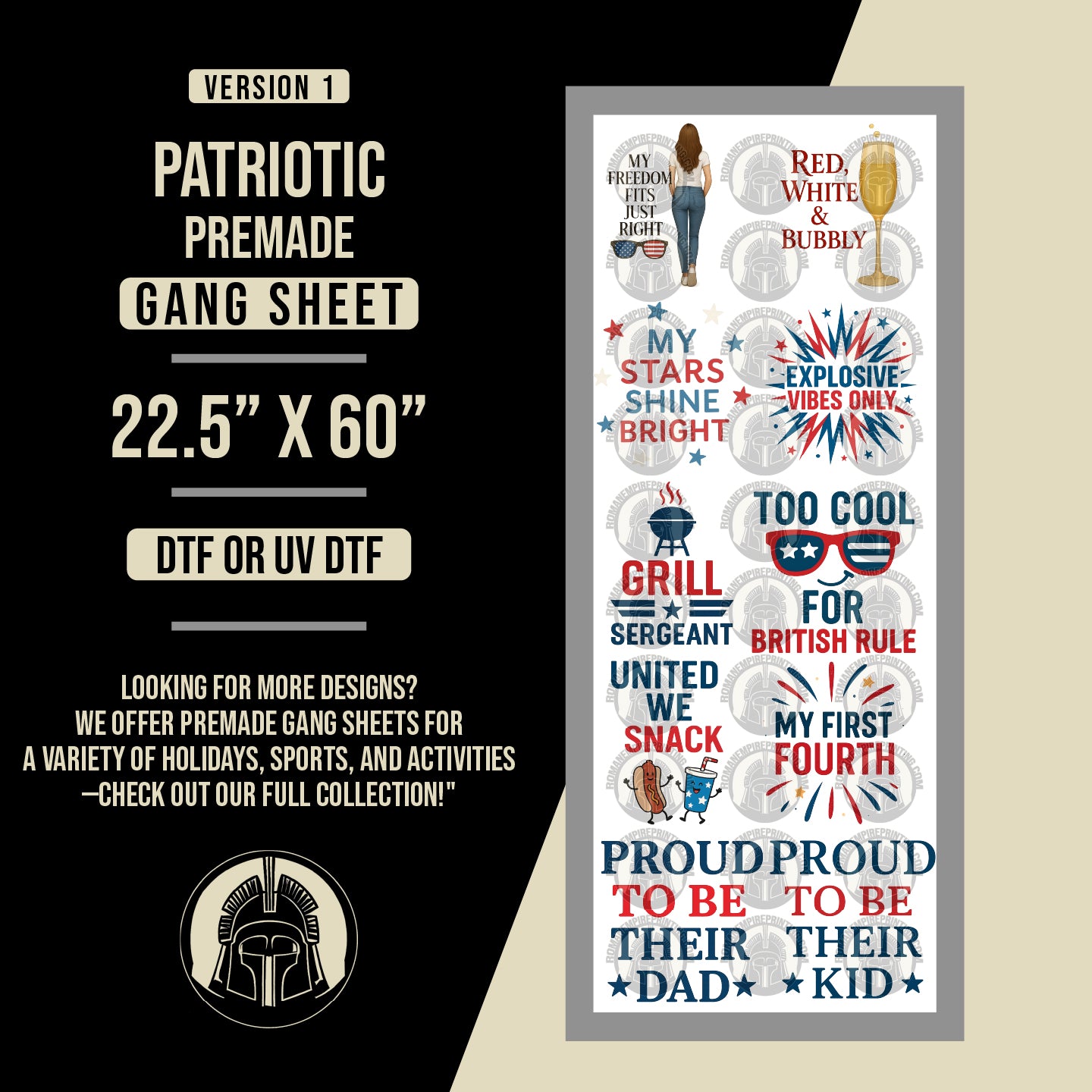 Patriotic premade gang sheet with various designs on a black and beige background
