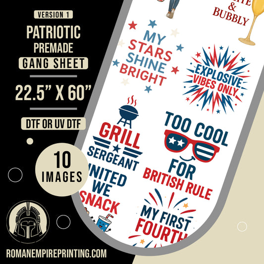 Sheet of patriotic-themed graphics with text and graphics on a phone screen, featuring Roman Empire Printing branding.