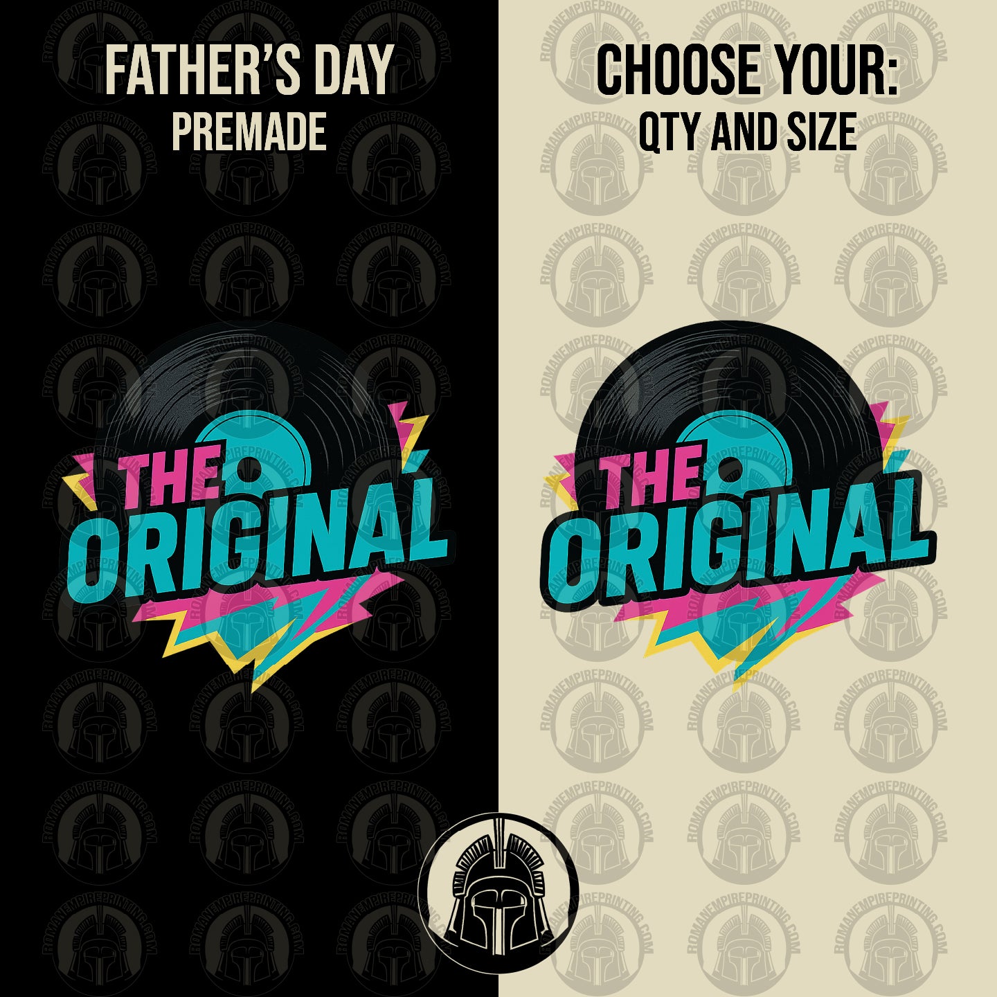 Two versions of a 'The Original' logo with vinyl record design on a black and beige background.