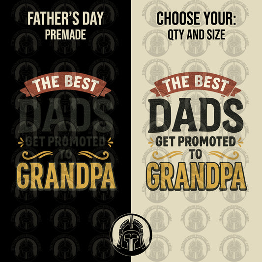 Two versions of a Father's Day card with text 'The best dads get promoted to grandpa' on a black and beige background.