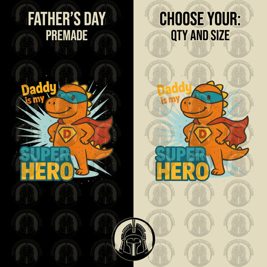 Father's Day t-shirt design with dinosaur superhero graphic on black and beige backgrounds.