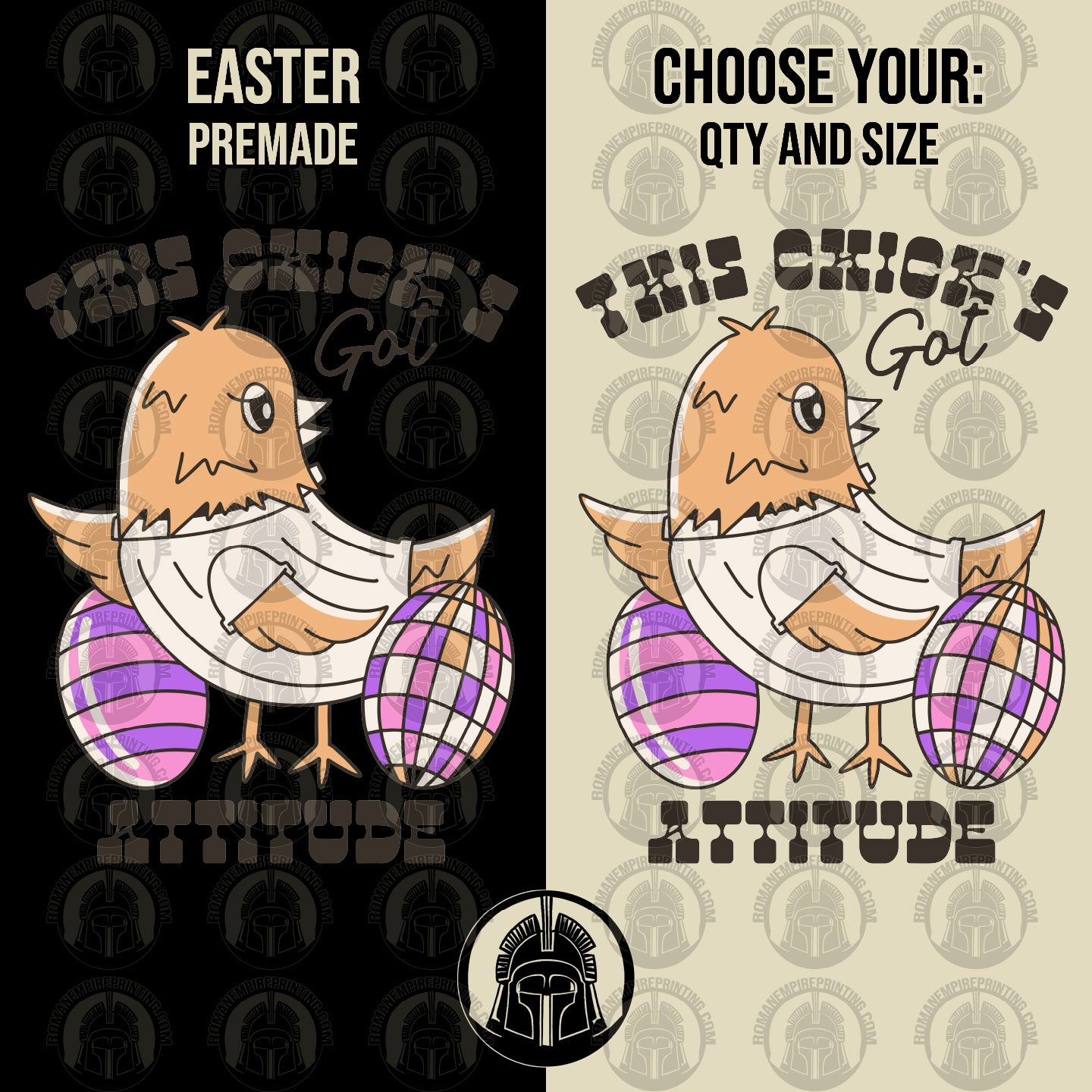This Chicks Got Attitude graphic with chick and colorful eggs on a black and beige background