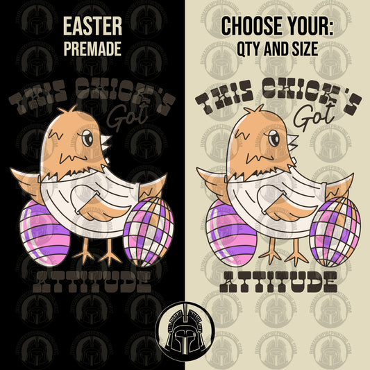 This Chicks Got Attitude graphic with chick and colorful eggs on a black and beige background